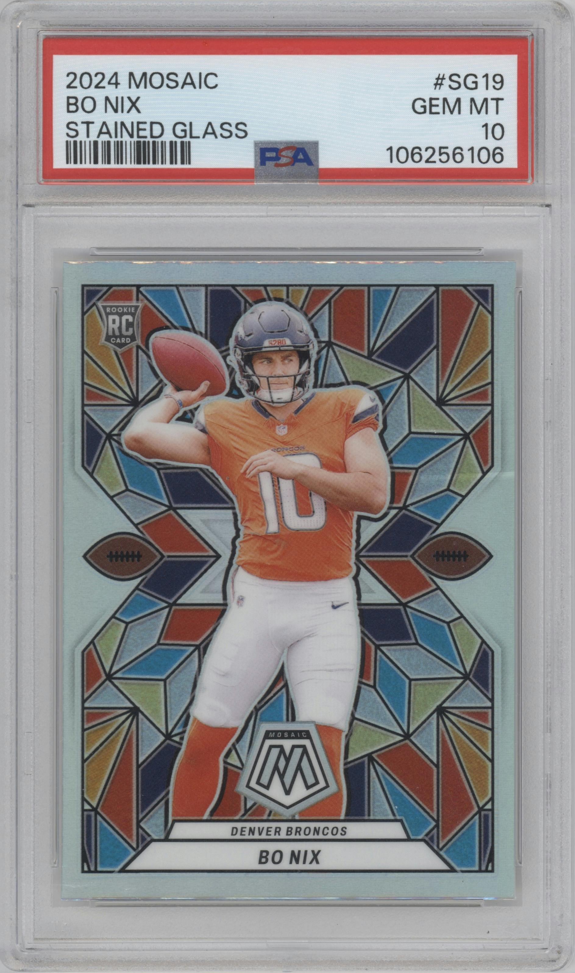 Bo Nix from the 2024 Panini Mosaic set graded by PSA and given an overall grade of 10.