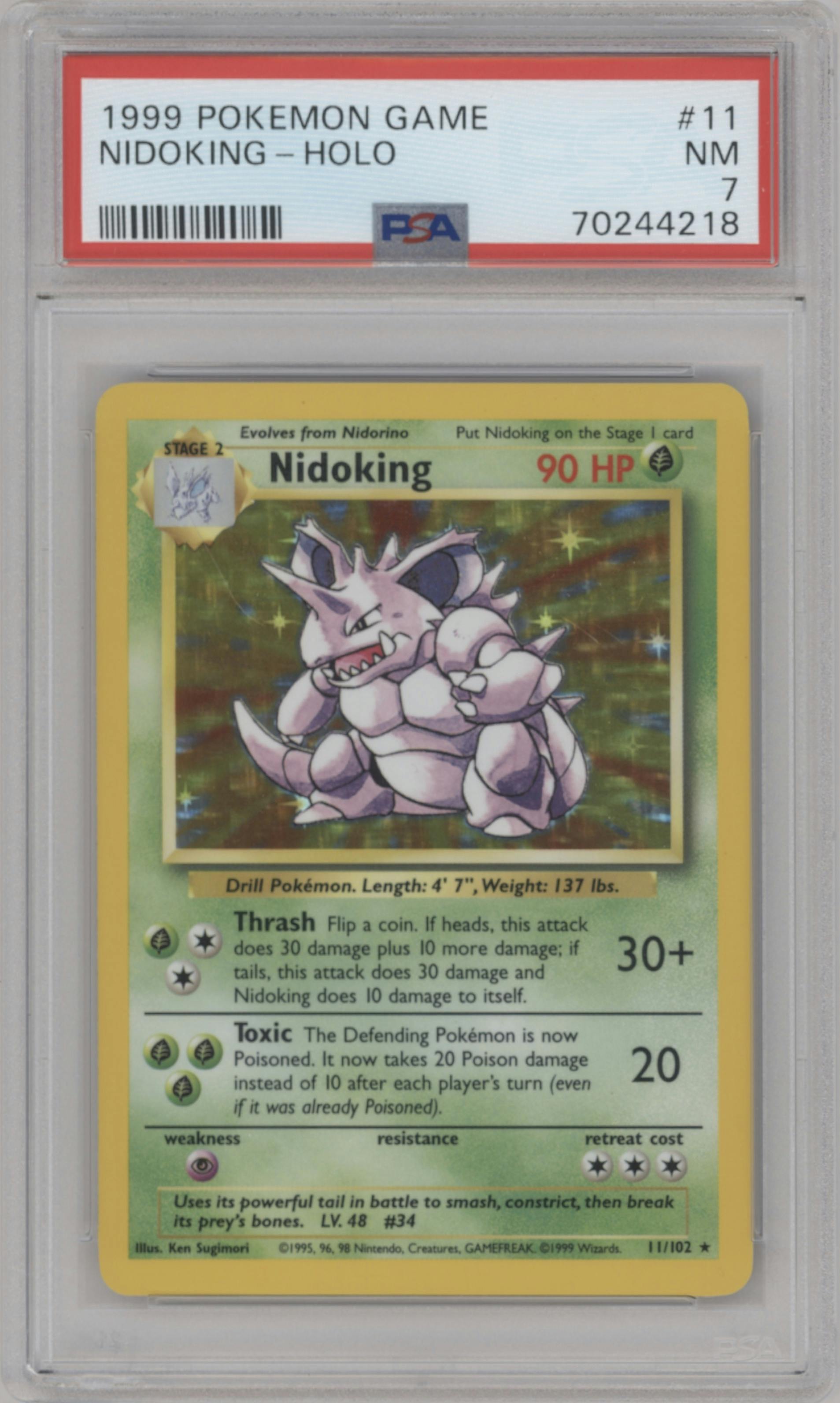 Nidoking from the 1999 Pokemon set graded by PSA and given an overall grade of 7.