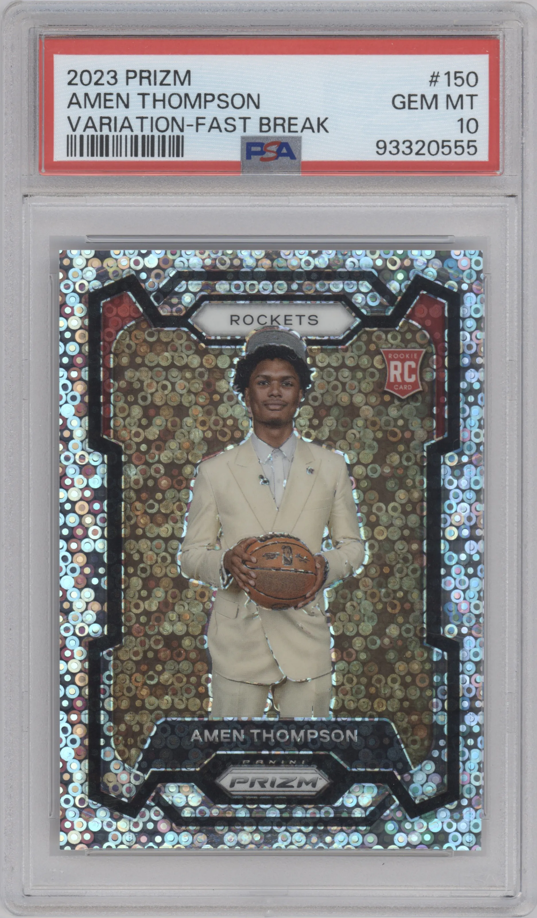 Amen Thompson from the 2023-24 Panini Prizm set featuring a Fast Break parallel graded by PSA and given an overall grade of 10.