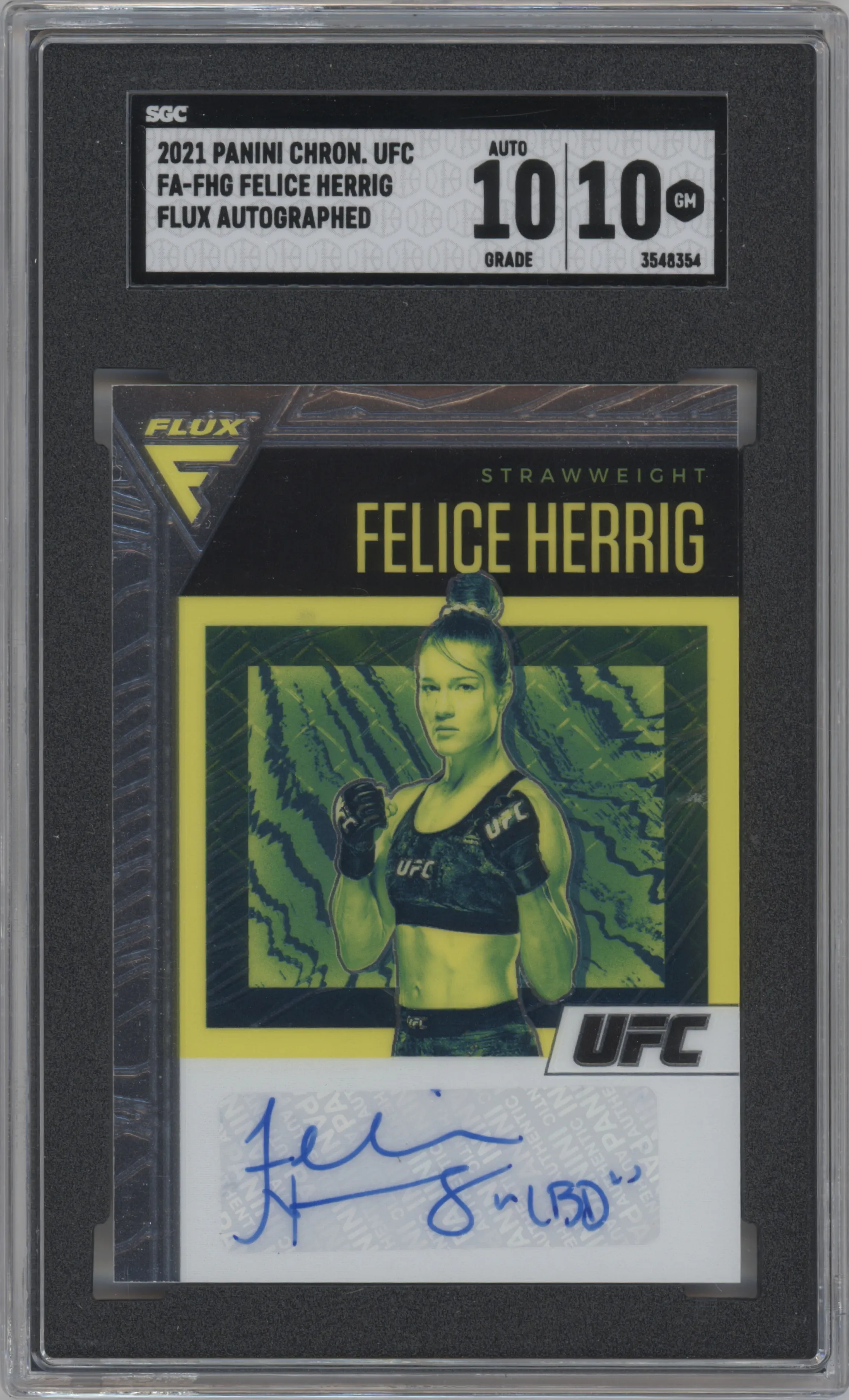 Felice Herrig from the 2021 Panini Chronicles UFC set graded by SGC and given an overall grade of 10.