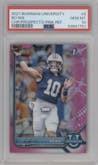 Bo Nix from the 2021-22 Bowman University set featuring a Pink Refractor parallel graded by PSA and given an overall grade of 10.