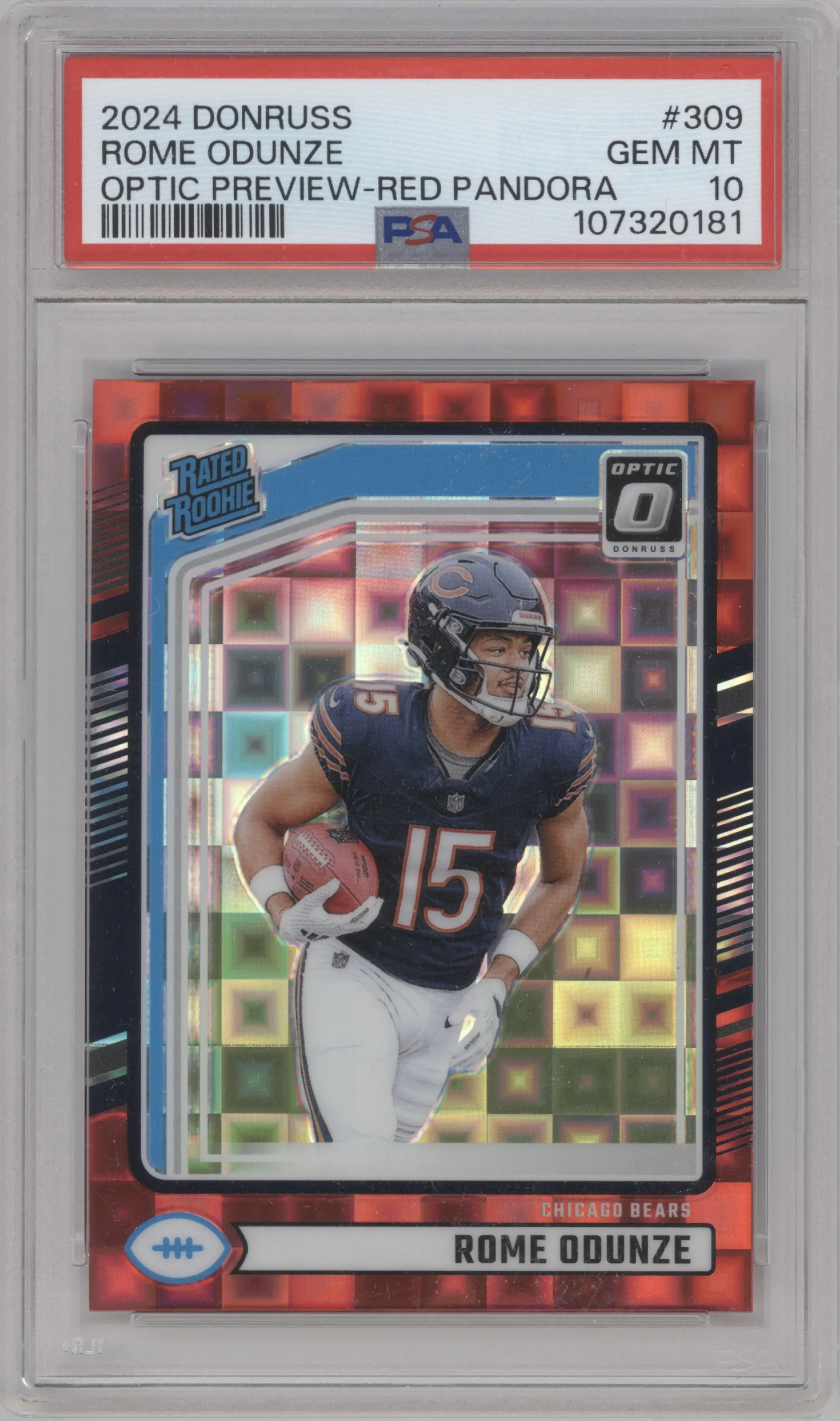 Rome Odunze from the 2024 Donruss set featuring a Red Pandora parallel graded by PSA and given an overall grade of 10.