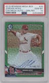 Jordan Hicks from the 2018 Bowman Chrome Mega Box set featuring a Green parallel graded by PSA and given an overall grade of 10.