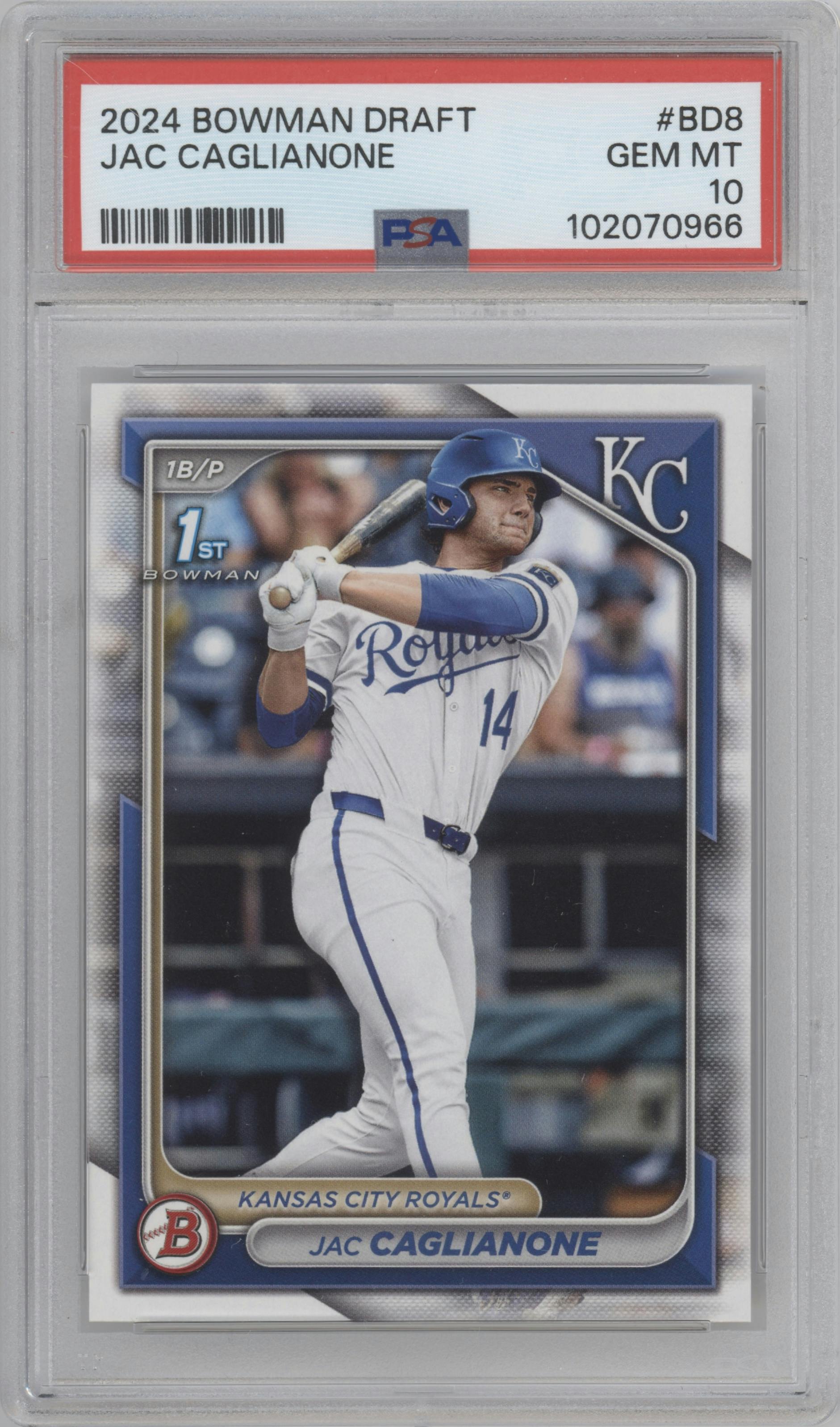 Jac Caglianone  from the 2024 Bowman Draft set graded by PSA and given an overall grade of 10.