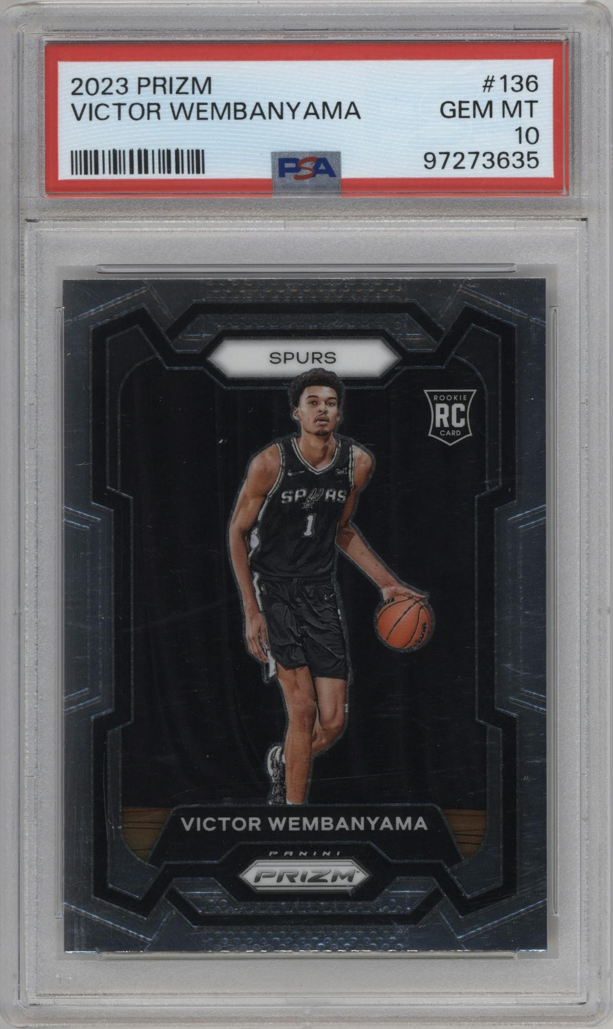 Victor Wembanyama from the 2023-24 Panini Prizm set graded by PSA and given an overall grade of 10.