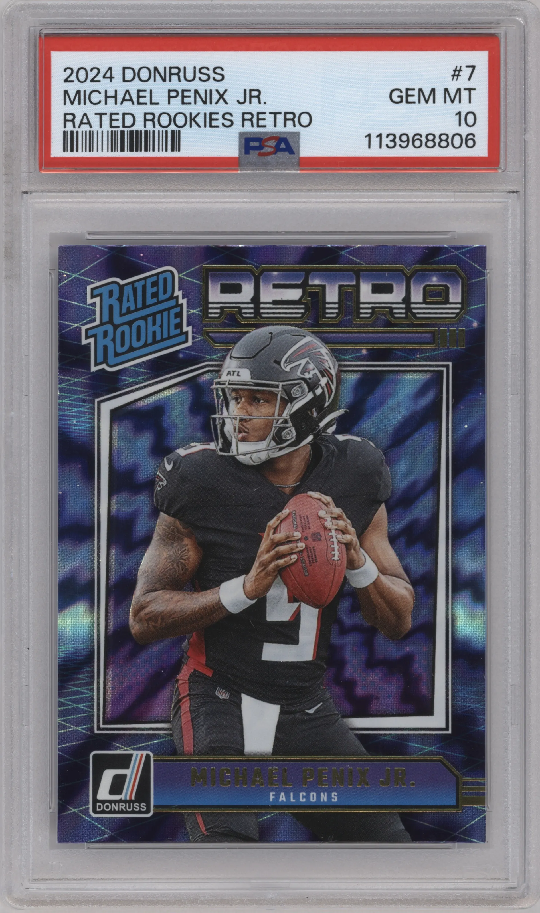 Michael Penix Jr. from the 2024 Donruss set graded by PSA and given an overall grade of 10.