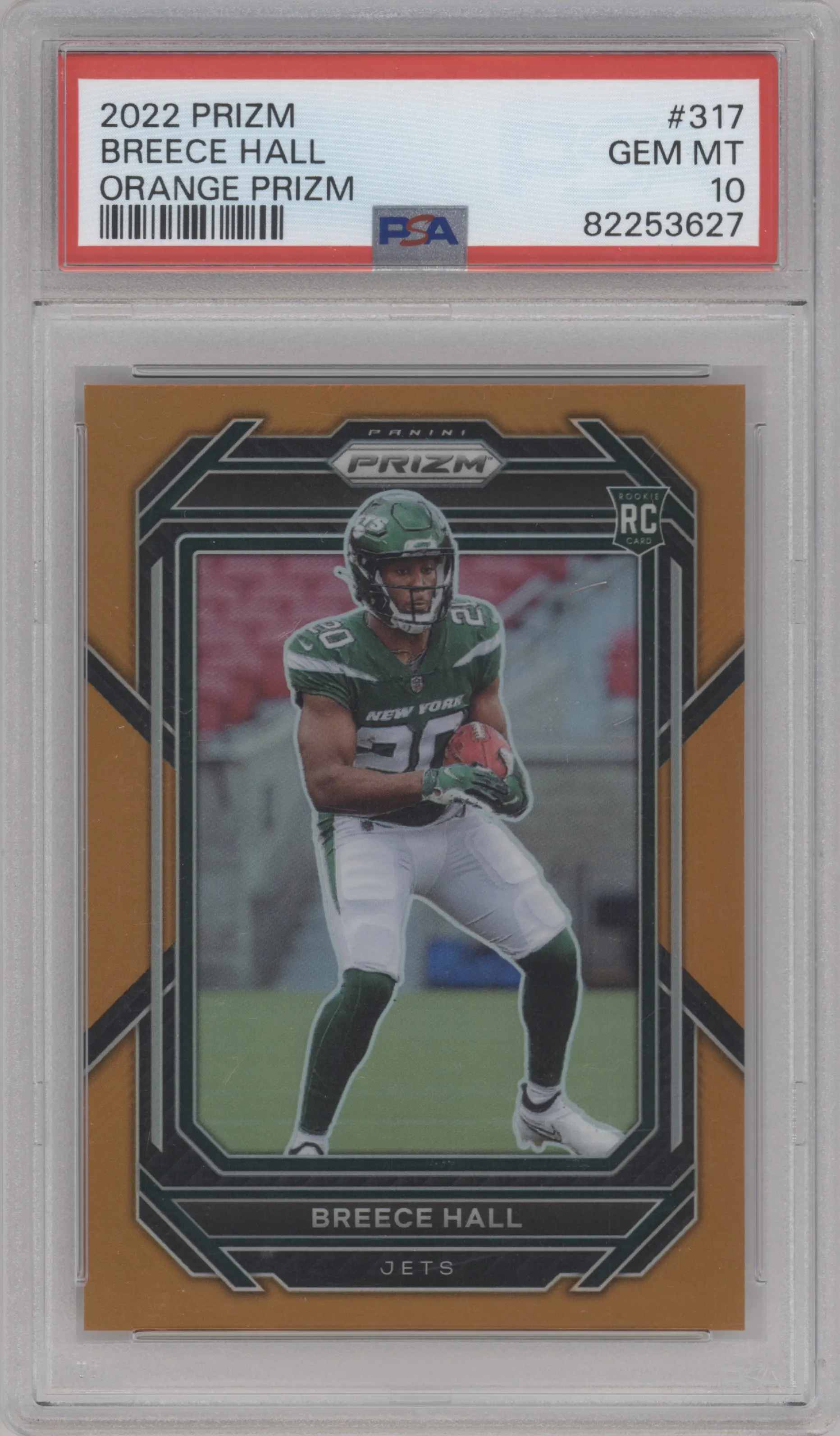 Breece Hall from the 2022 Panini Prizm set featuring a Orange Prizm parallel graded by PSA and given an overall grade of 10.