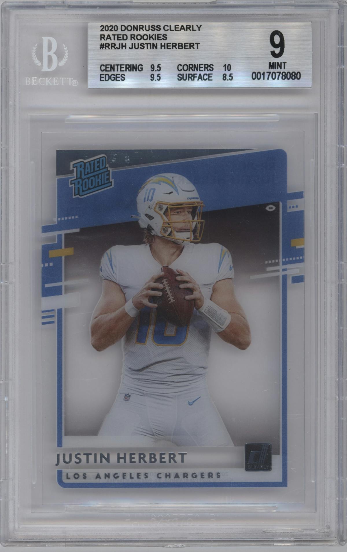 Justin Herbert from the 2020 Panini Chronicles set graded by Beckett and given an overall grade of 9.