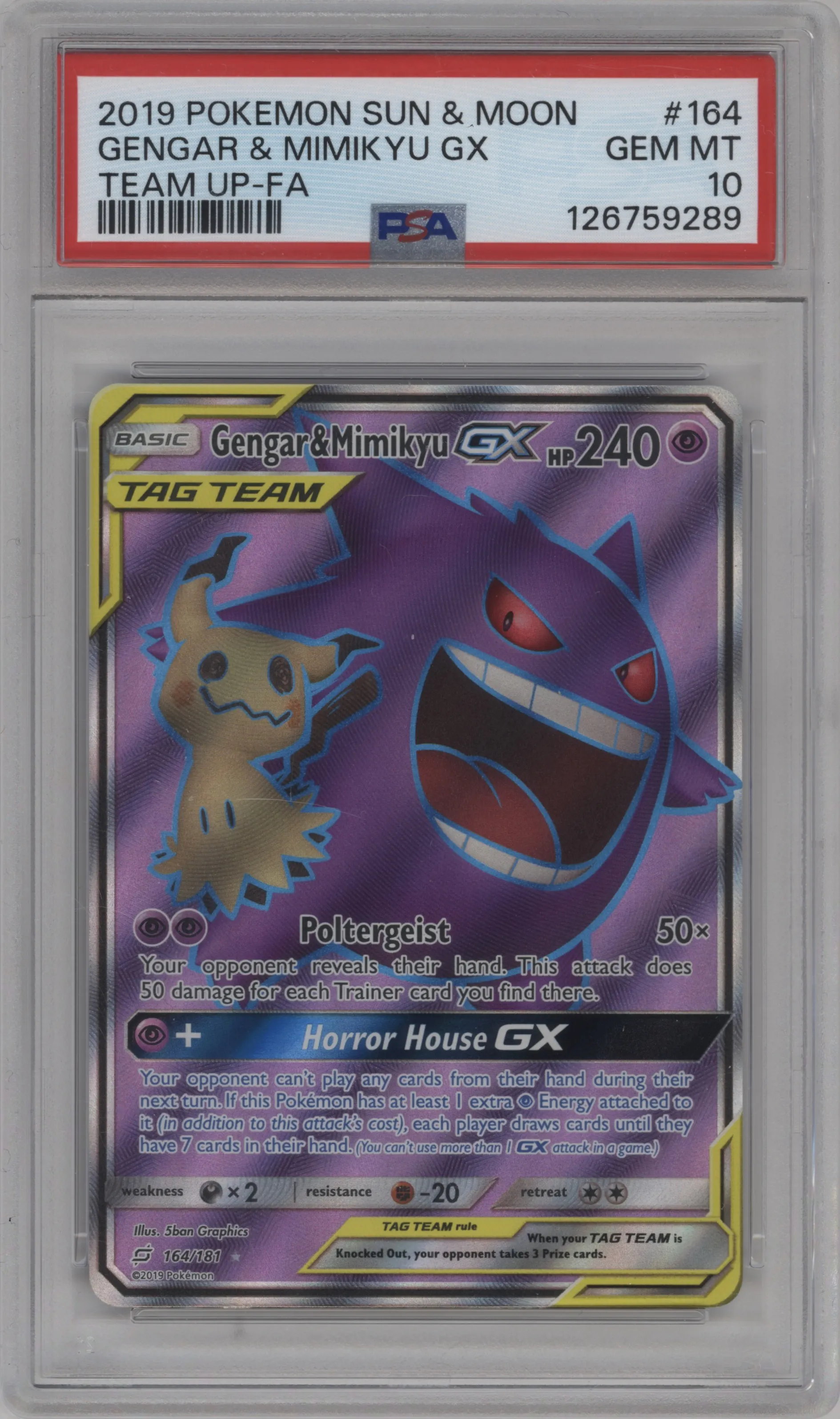 Gengar/Mimikyu GX from the 2019 Pokemon S&M  set graded by PSA and given an overall grade of 10.