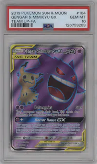 Gengar/Mimikyu GX from the 2019 Pokemon S&M set graded by PSA and given an overall grade of 10.
