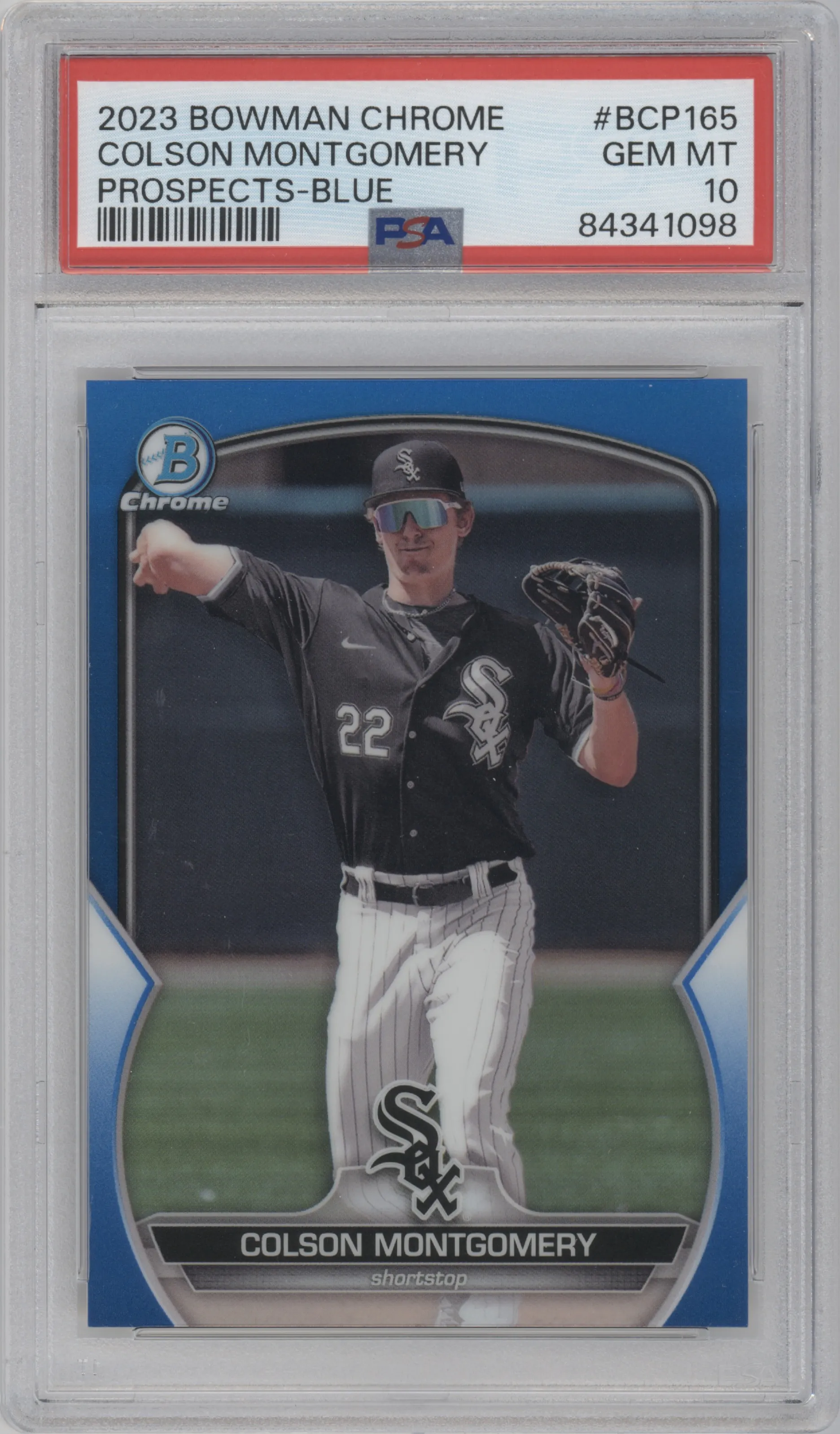 Colson Montgomery from the 2023 Bowman Chrome set featuring a Blue Refractor parallel graded by PSA and given an overall grade of 10.