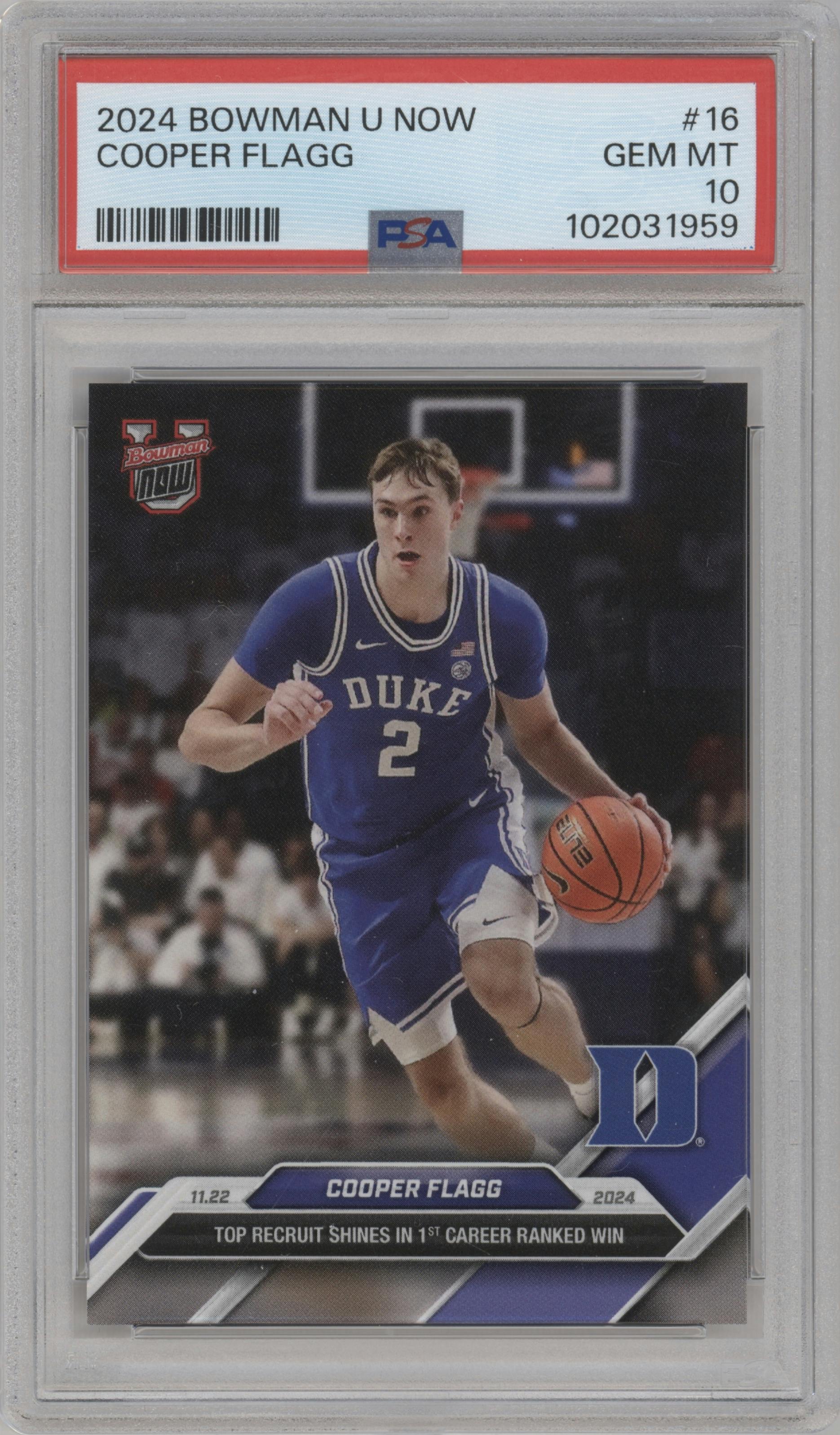 Cooper Flagg from the 2024-25 Bowman U Now set graded by PSA and given an overall grade of 10.