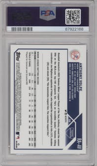 Anthony Volpe from the 2023 Topps Chrome set featuring a Purple Speckle Refractor parallel graded by PSA and given an overall grade of 10.