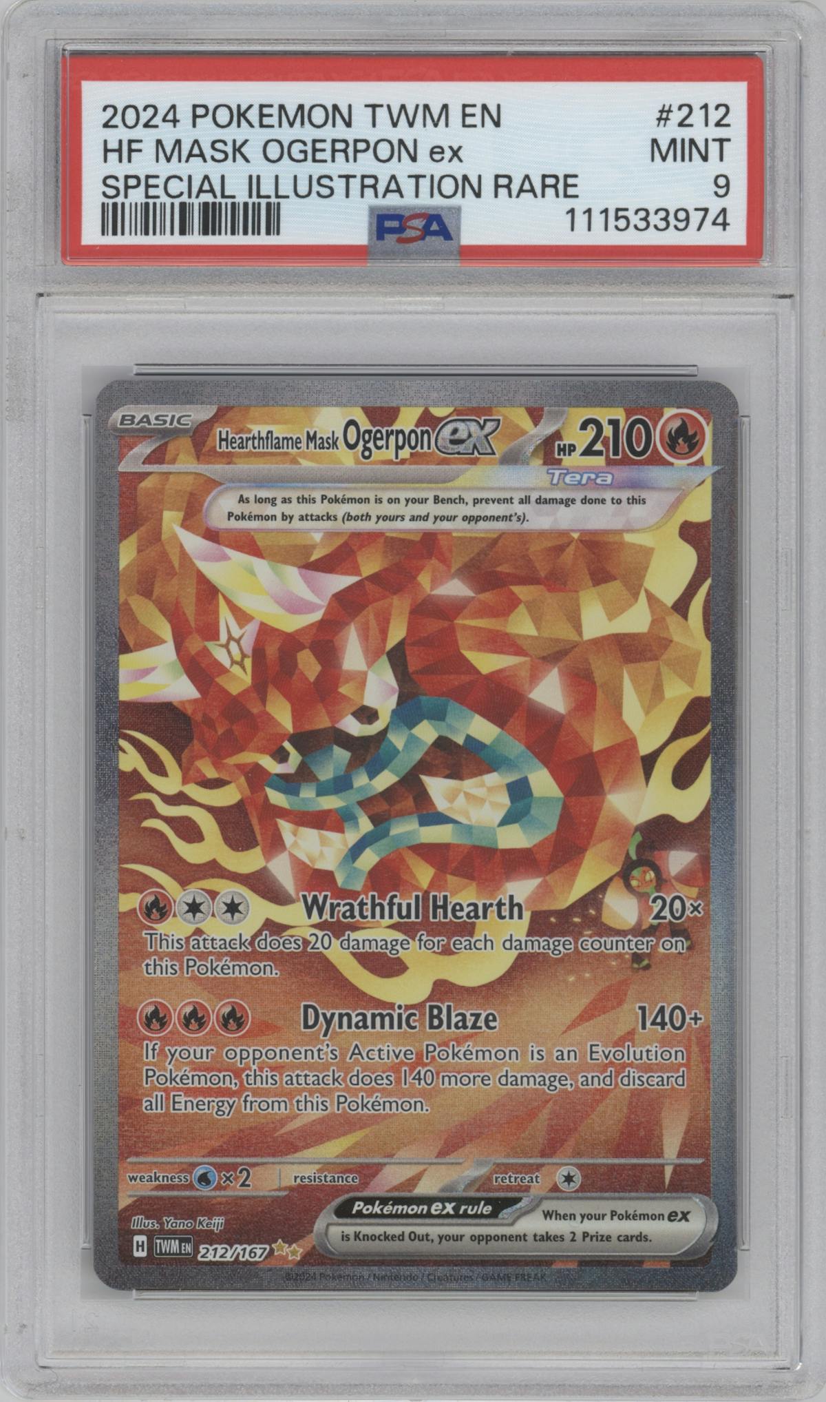 Hearthflame Mask Ogerpon ex from the 2024 Pokemon SV set graded by PSA and given an overall grade of 9.