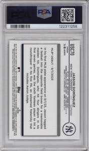 Jasson Dominguez from the 2024 Topps Chrome Update set featuring a X-Fractor parallel graded by PSA and given an overall grade of 9.