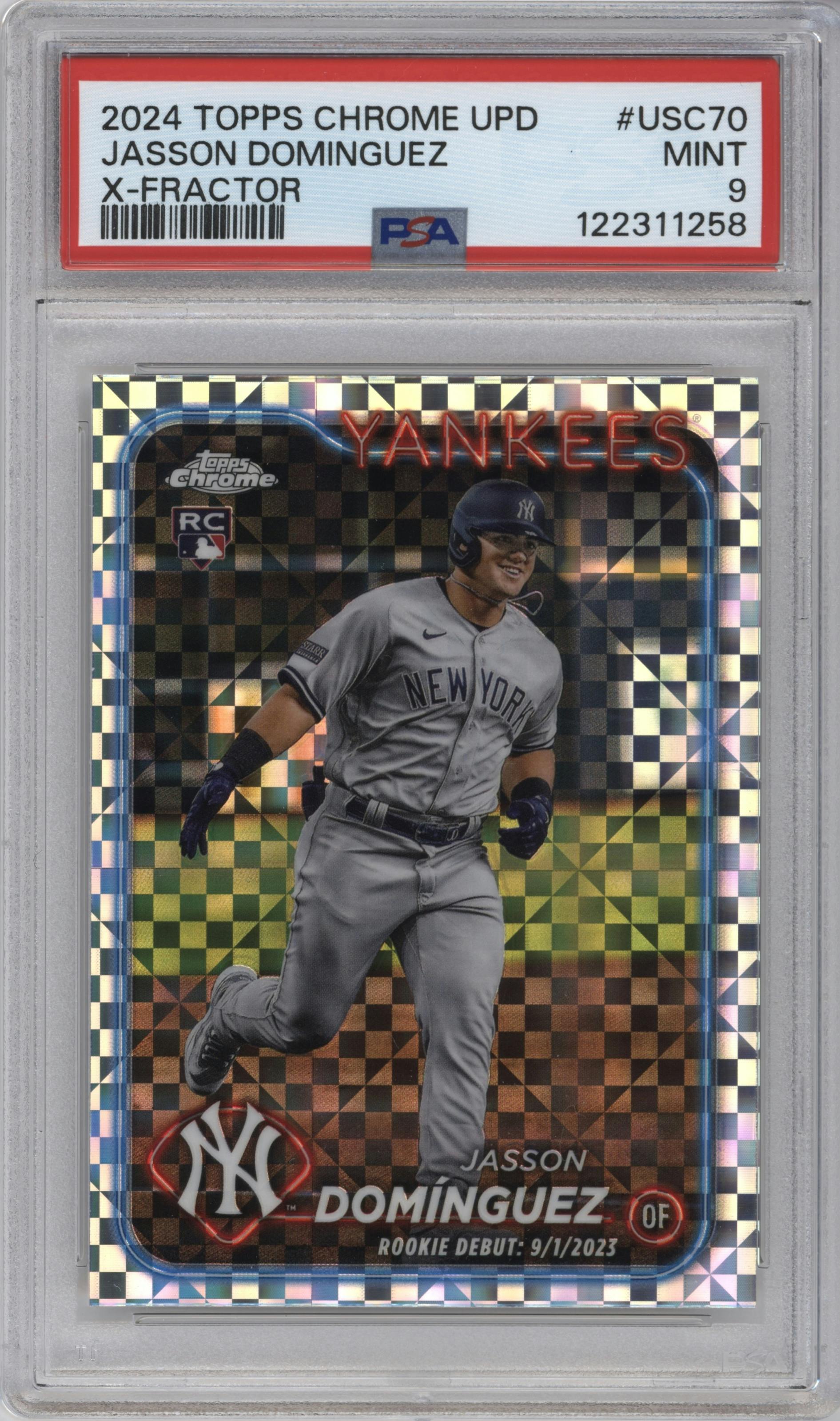 Jasson Dominguez from the 2024 Topps Chrome Update set featuring a X-Fractor parallel graded by PSA and given an overall grade of 9.