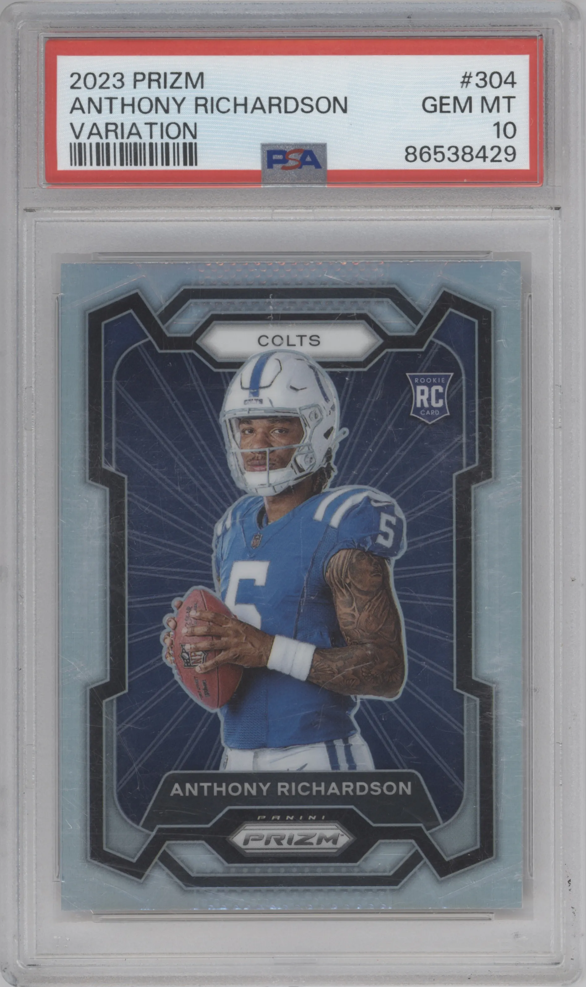 Anthony Richardson from the 2023 Panini Prizm set graded by PSA and given an overall grade of 10.