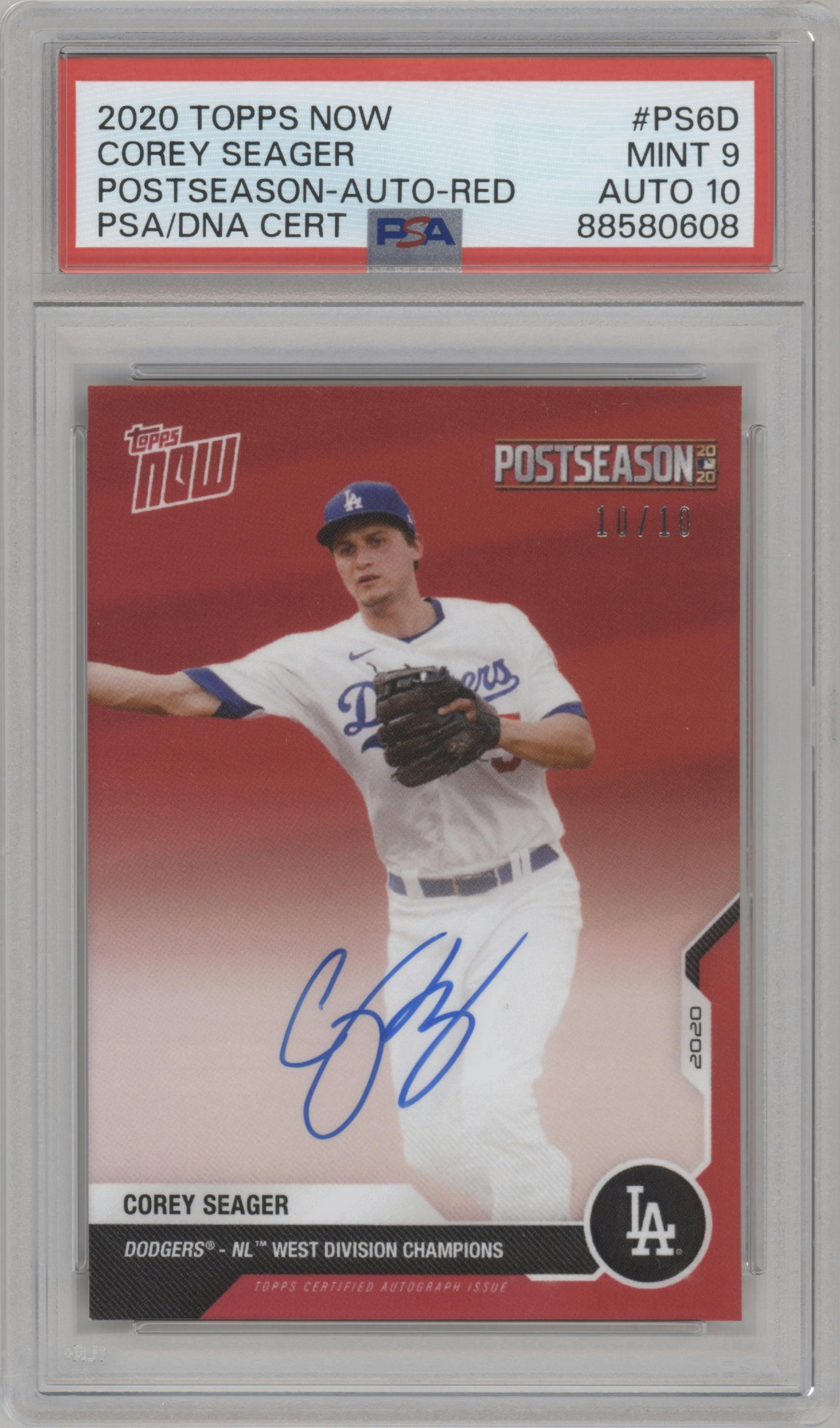 Corey Seager from the  2020 Topps Now  set featuring a Red parallel graded by PSA and given an overall grade of 9.