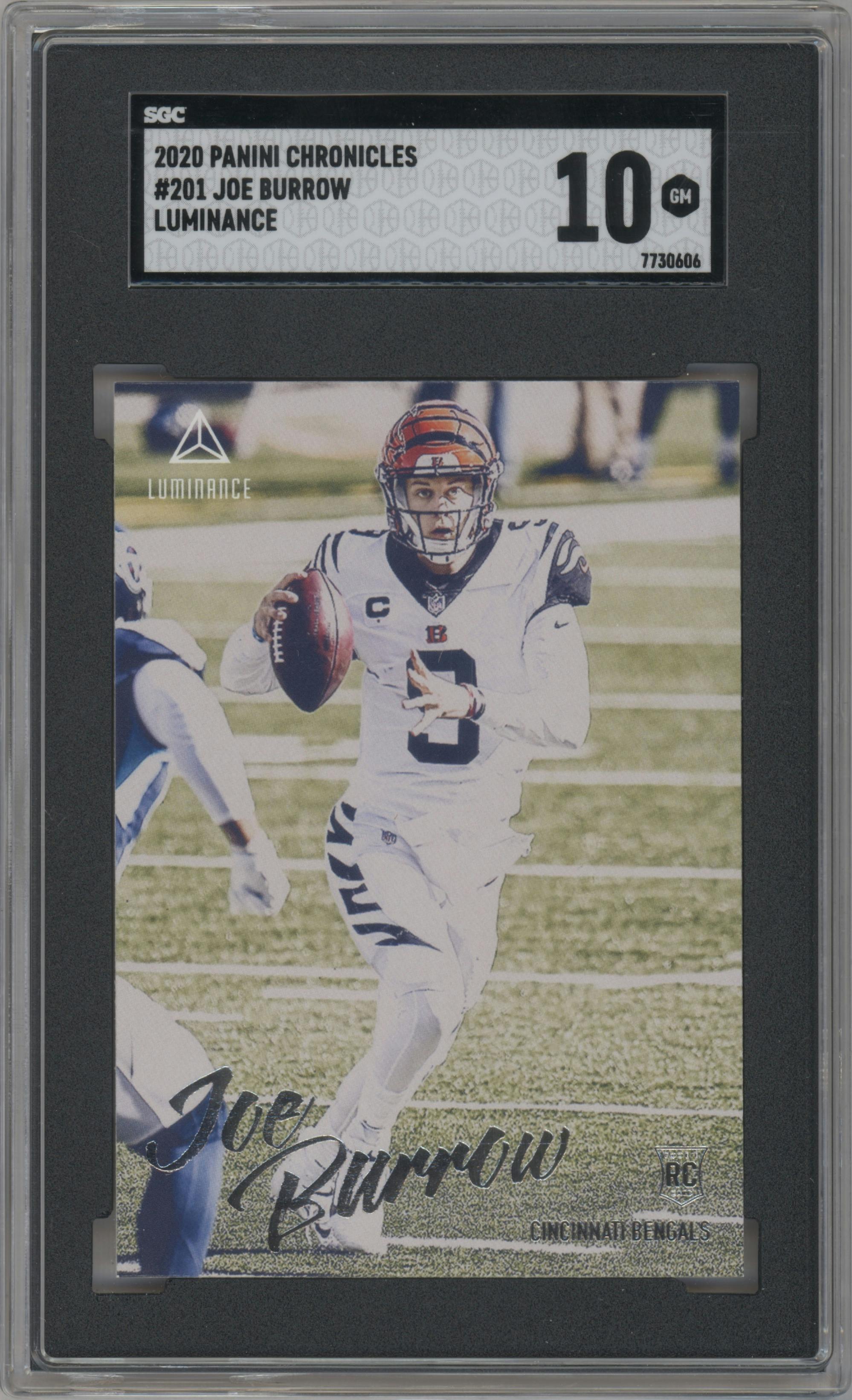 Joe Burrow from the 2020 Panini Chronicles set graded by SGC and given an overall grade of 10.