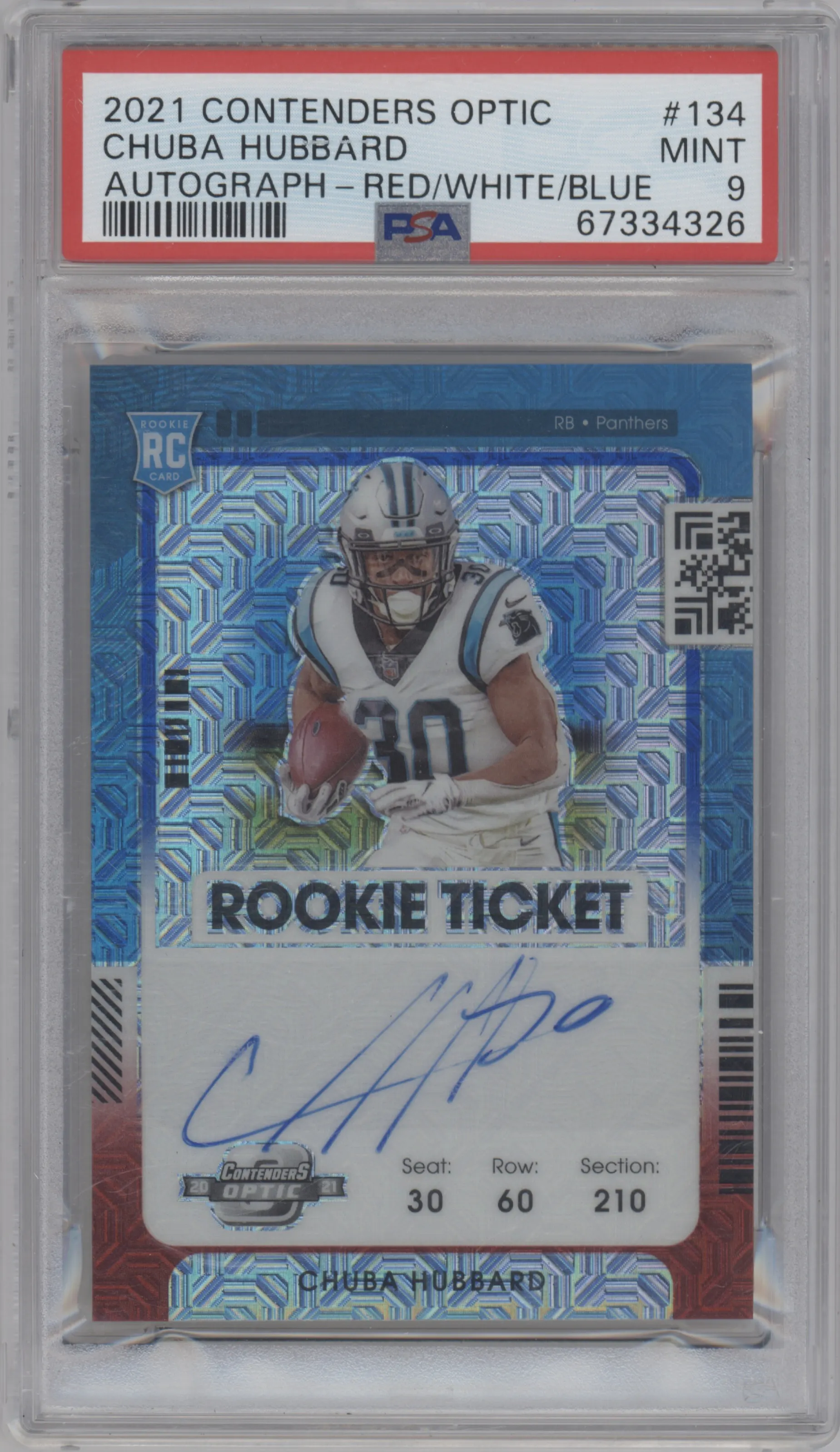 2021 Panini Contenders Optic Rke.Tkt.RPS.Auto Chuba Hubbard Red/White/Blue #134 PSA 9
