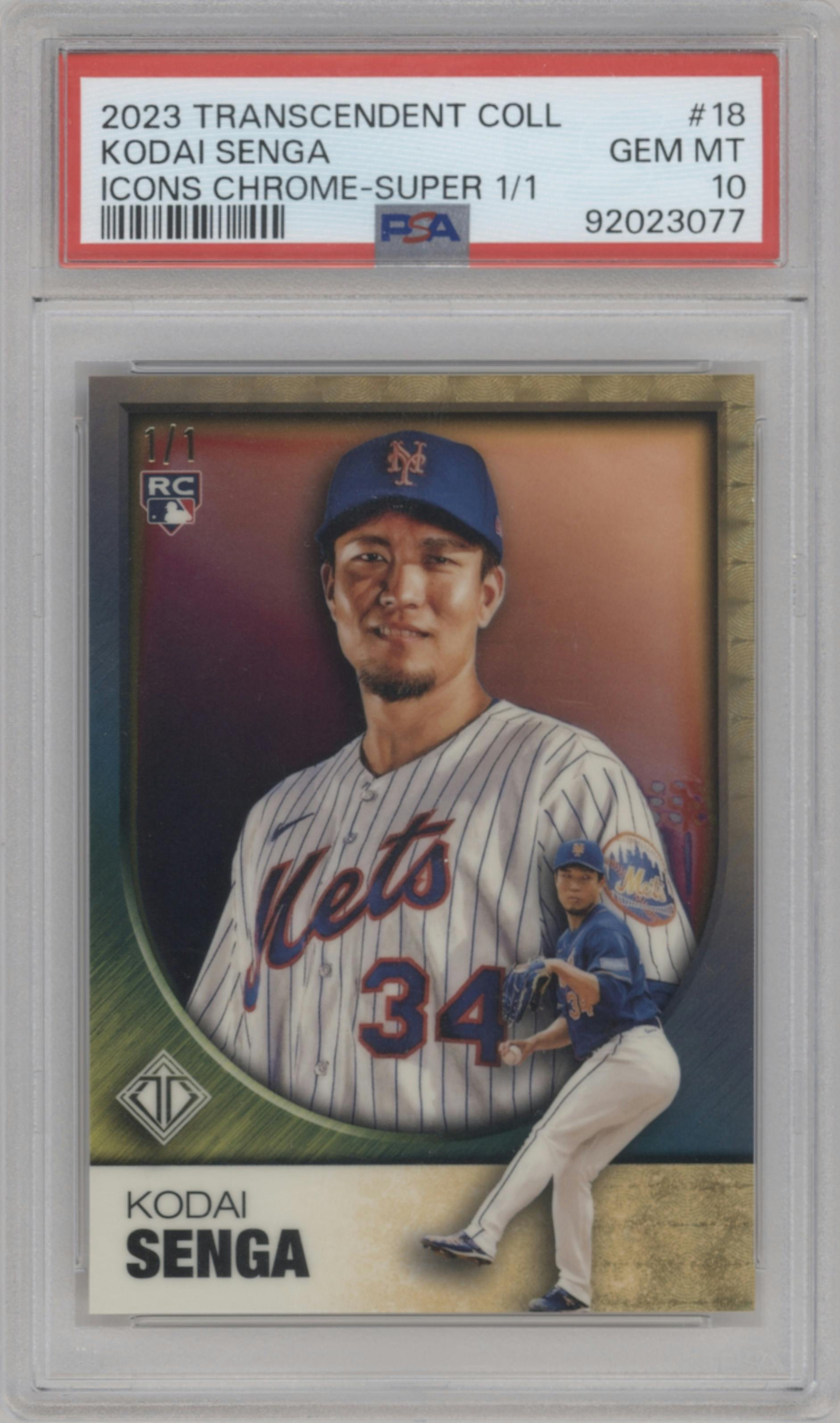 Kodai Senga from the 2023 Topps Transcendent Collection set featuring a Superfractor parallel graded by PSA and given an overall grade of 10.
