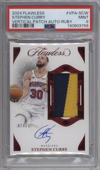 Stephen Curry from the 2024-25 Panini Flawless set featuring a Ruby parallel graded by PSA and given an overall grade of 9.