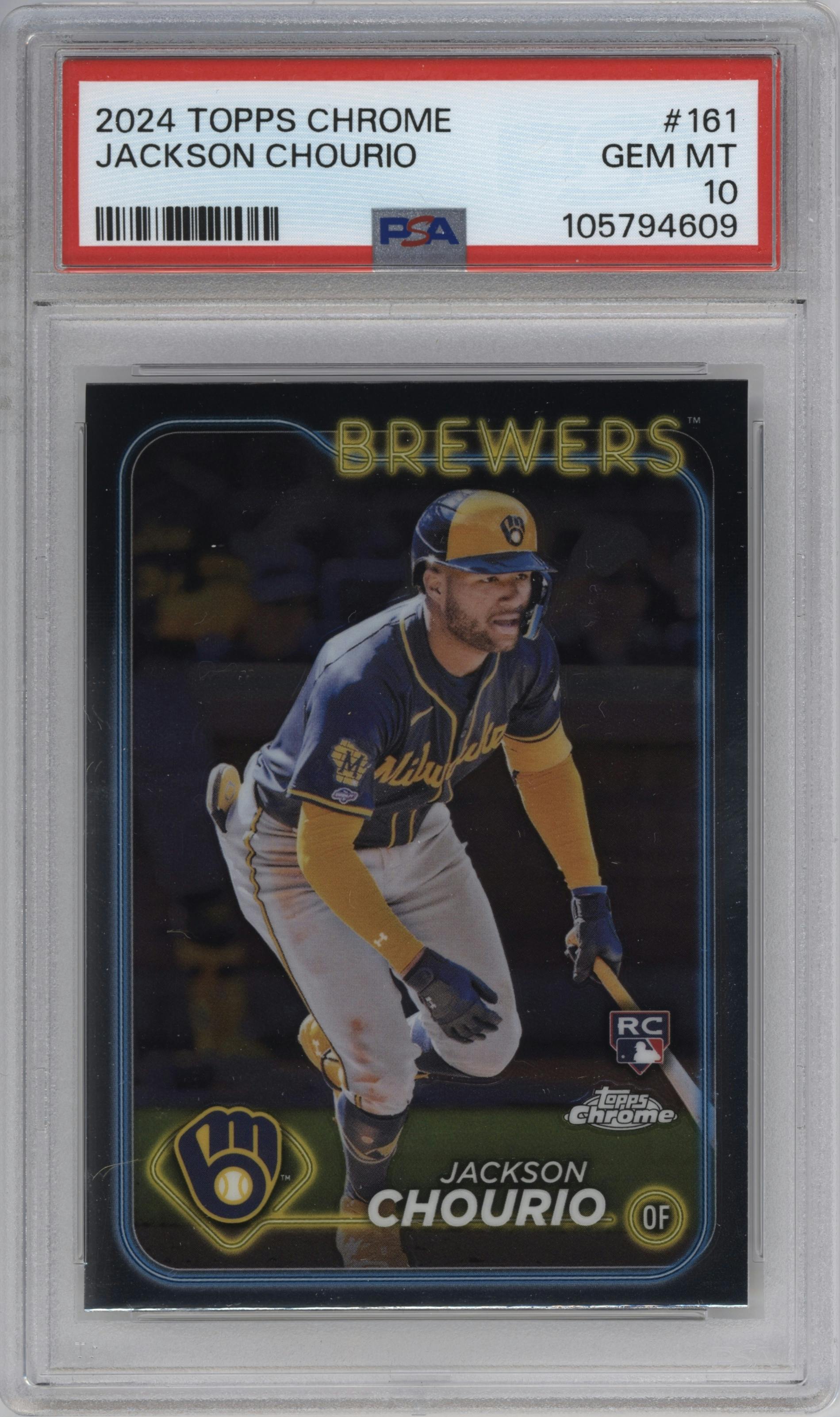 Jackson Chourio from the 2024 Topps Chrome set graded by PSA and given an overall grade of 10.