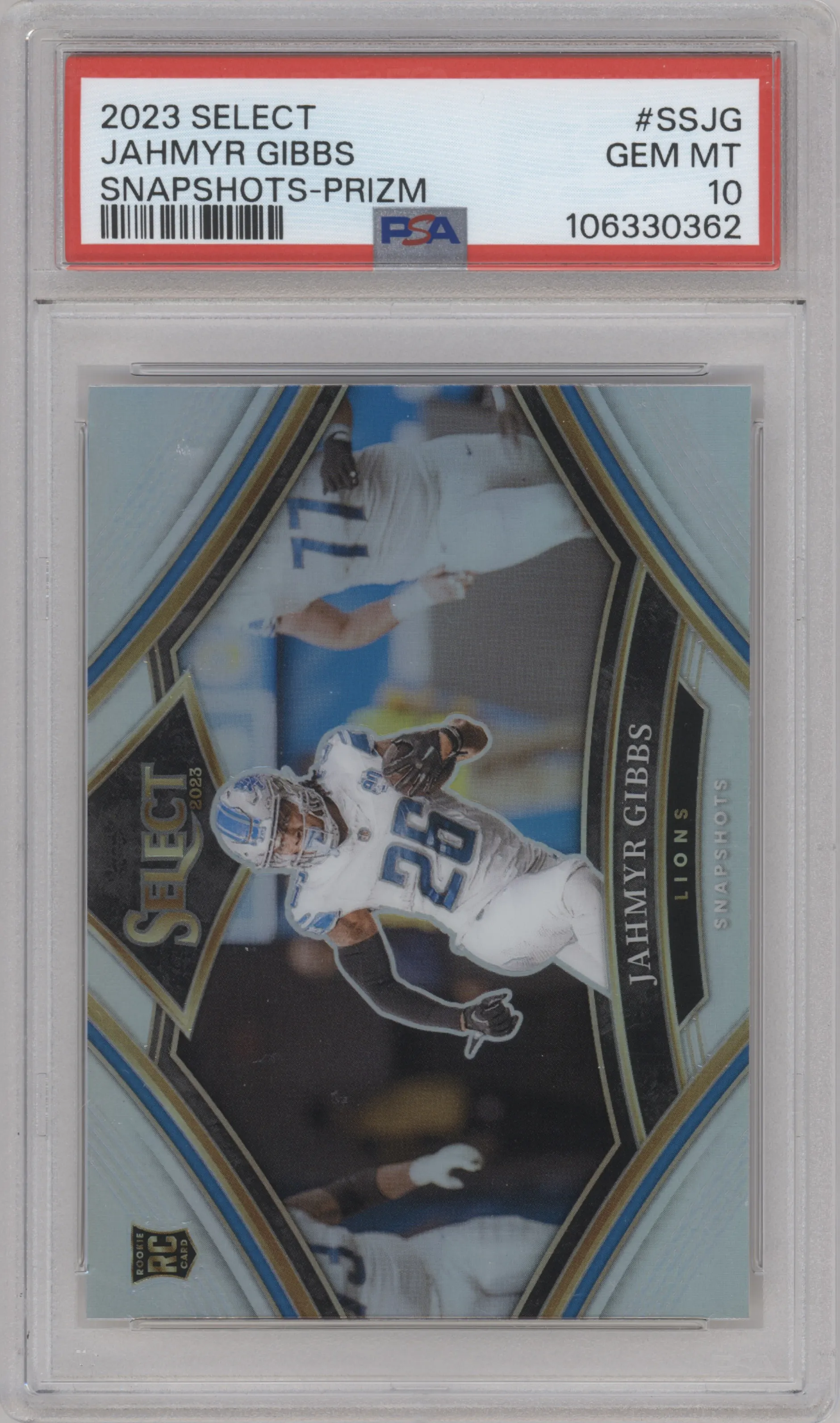 Jahmyr Gibbs from the 2023 Panini Select set featuring a Prizm parallel graded by PSA and given an overall grade of 10.