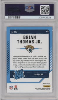 Brian Thomas Jr. from the 2024 Donruss set featuring a Blue Scope parallel graded by PSA and given an overall grade of 9.