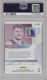 Luka Doncic from the 2018-19 Panini Status set featuring a Purple parallel graded by PSA and given an overall grade of 10.