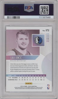 Luka Doncic from the 2018-19 Panini Status set featuring a Purple parallel graded by PSA and given an overall grade of 10.