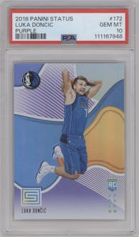 Luka Doncic from the 2018-19 Panini Status set featuring a Purple parallel graded by PSA and given an overall grade of 10.