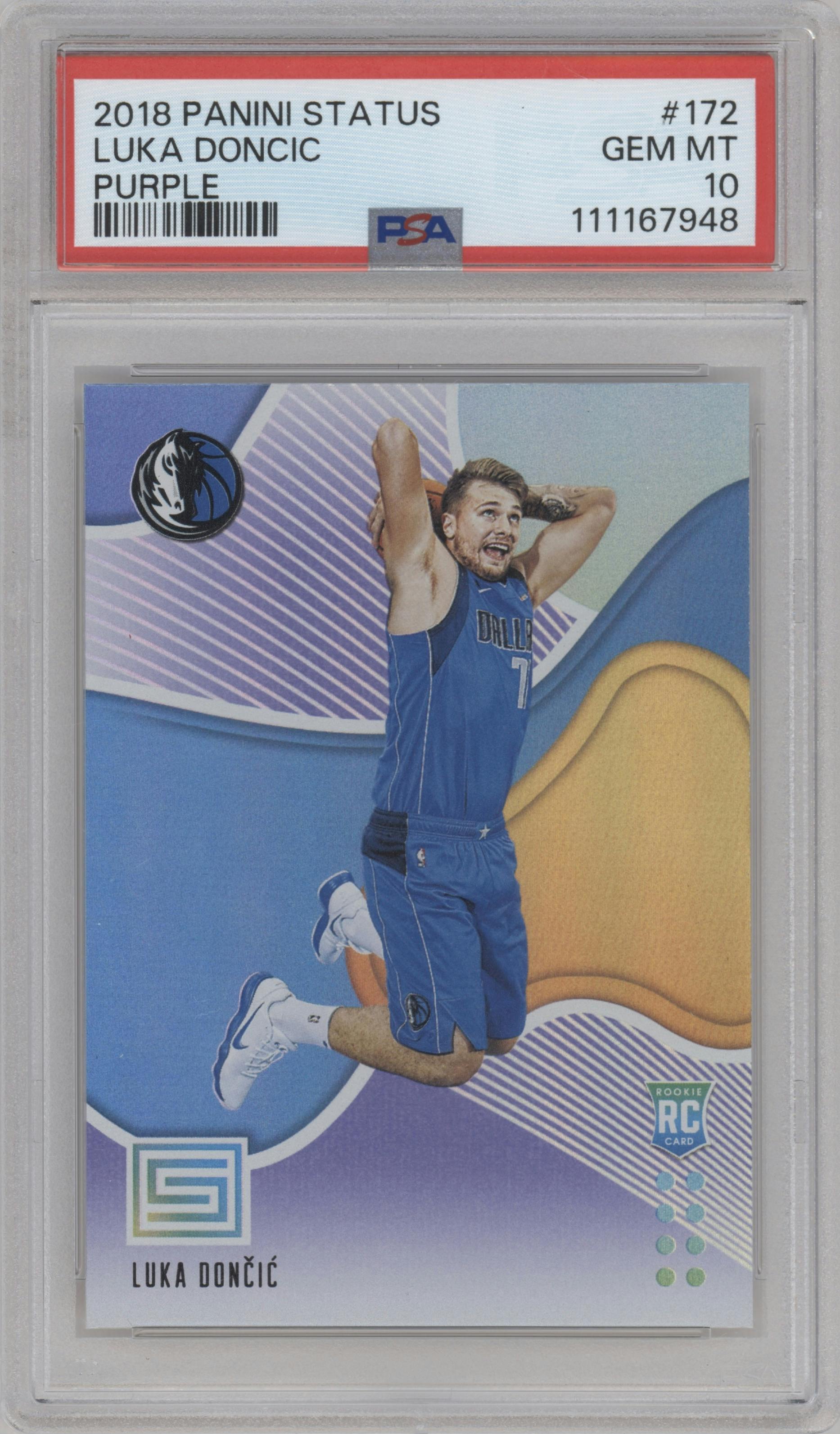 Luka Doncic from the 2018-19 Panini Status set featuring a Purple parallel graded by PSA and given an overall grade of 10.