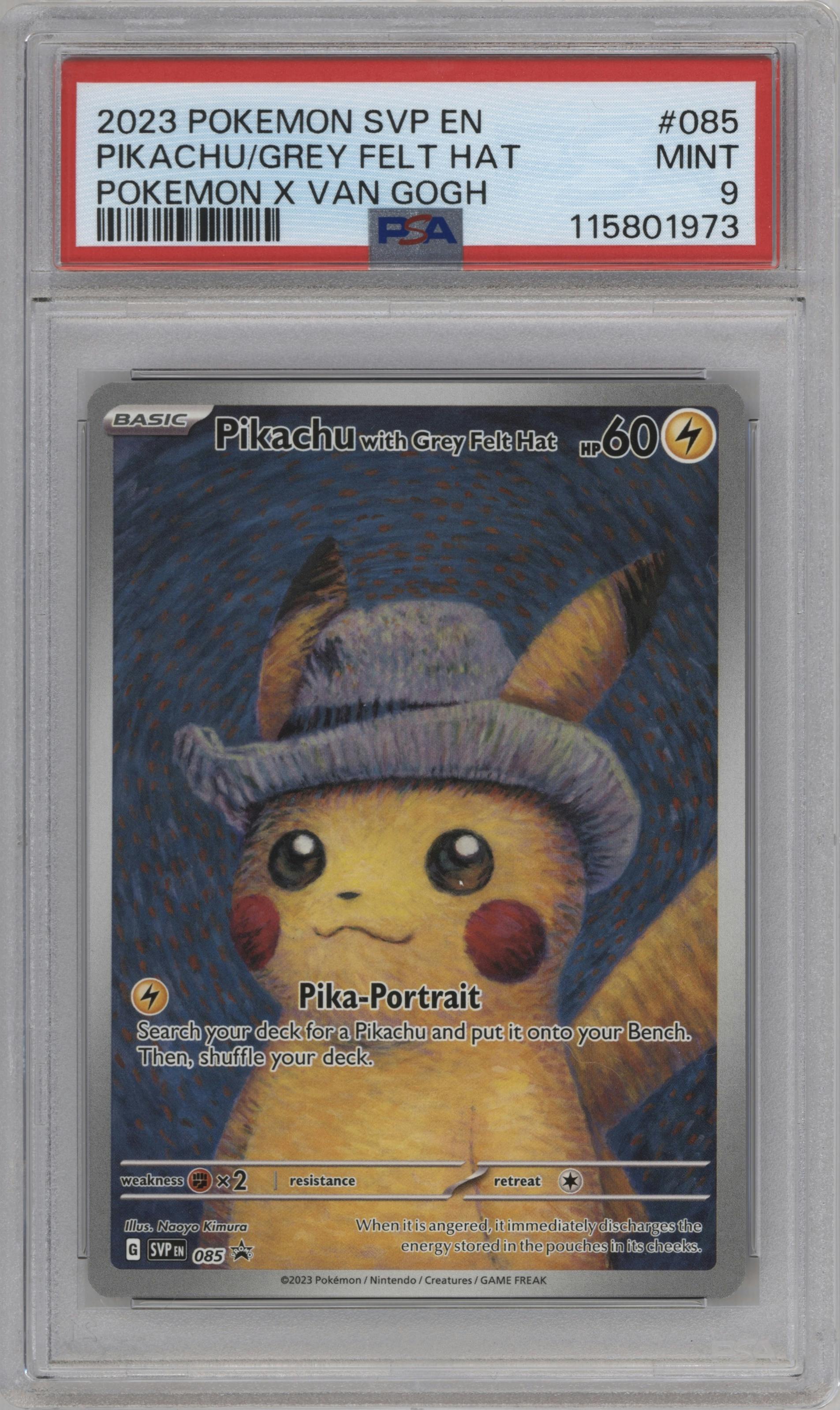 Pikachu with Grey Felt Hat from the 2023 Pokemon SV set featuring a Pokemon x Van Gogh parallel graded by PSA and given an overall grade of 9.