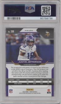 Justin Jefferson from the 2020 Panini Prizm set featuring a Red/White/Blue Prizm parallel graded by PSA and given an overall grade of 10.