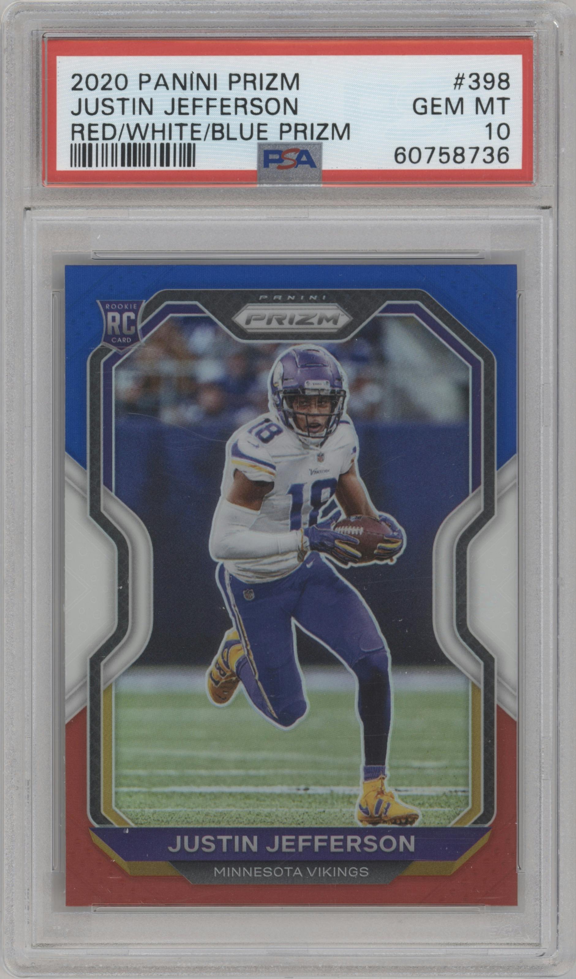 Justin Jefferson from the 2020 Panini Prizm set featuring a Red/White/Blue Prizm parallel graded by PSA and given an overall grade of 10.