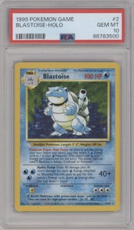 Blastoise from the 1999 Pokemon set graded by PSA and given an overall grade of 10.