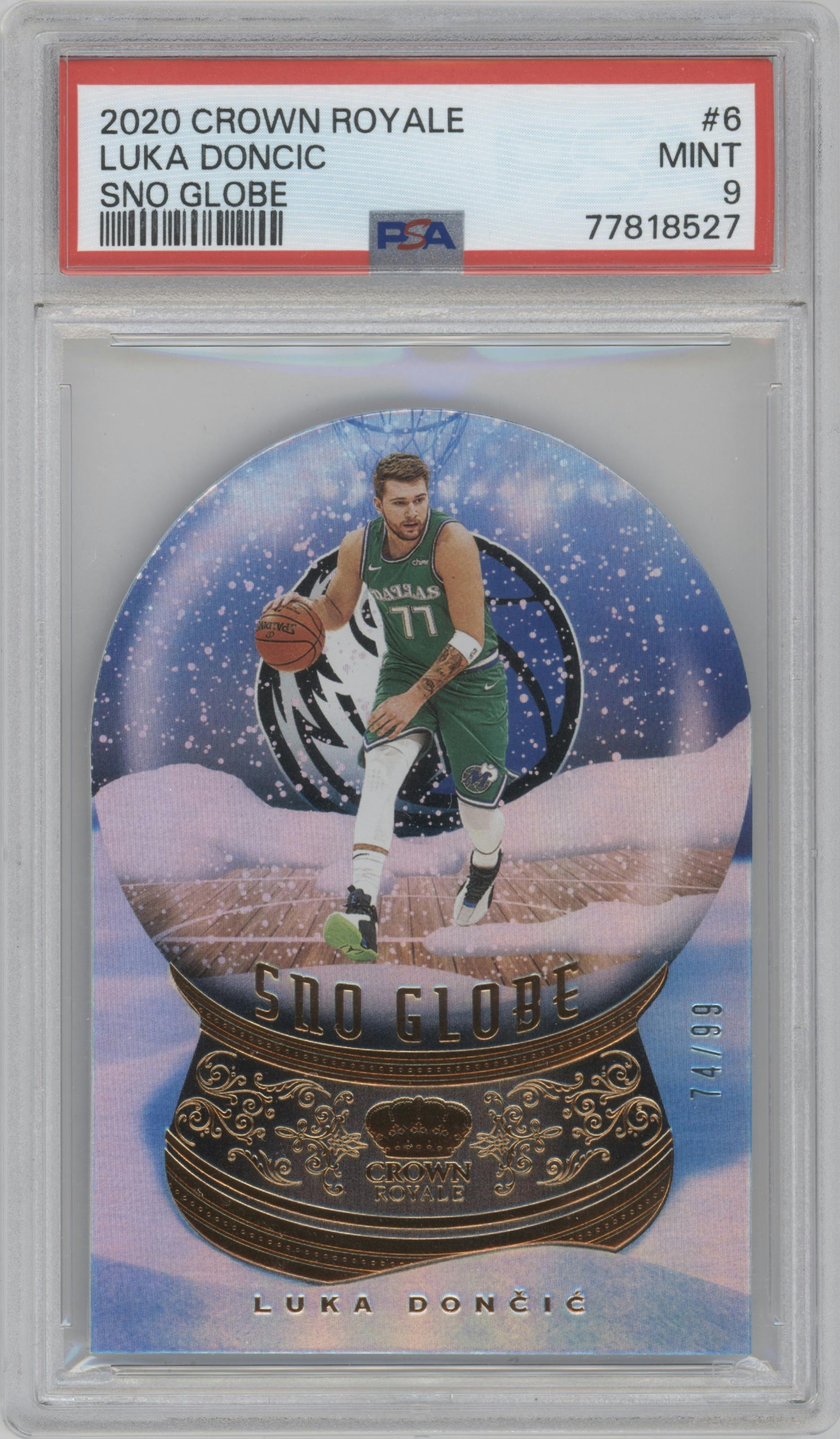 Luka Doncic from the 2020-21 Panini Crown Royale set graded by PSA and given an overall grade of 9.