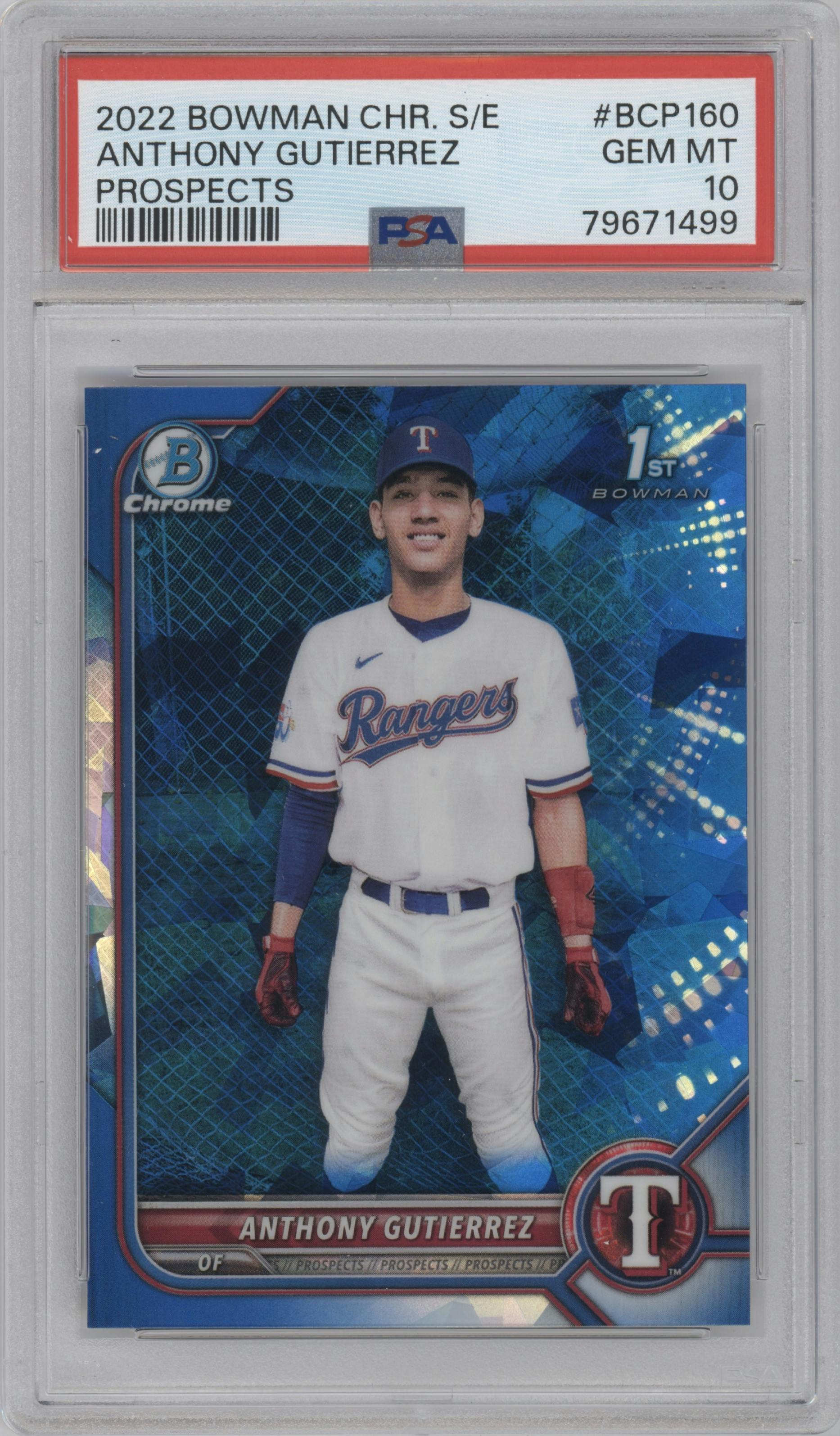 Anthony Gutierrez from the 2022 Bowman Chrome Sapphire Edition set graded by PSA and given an overall grade of 10.
