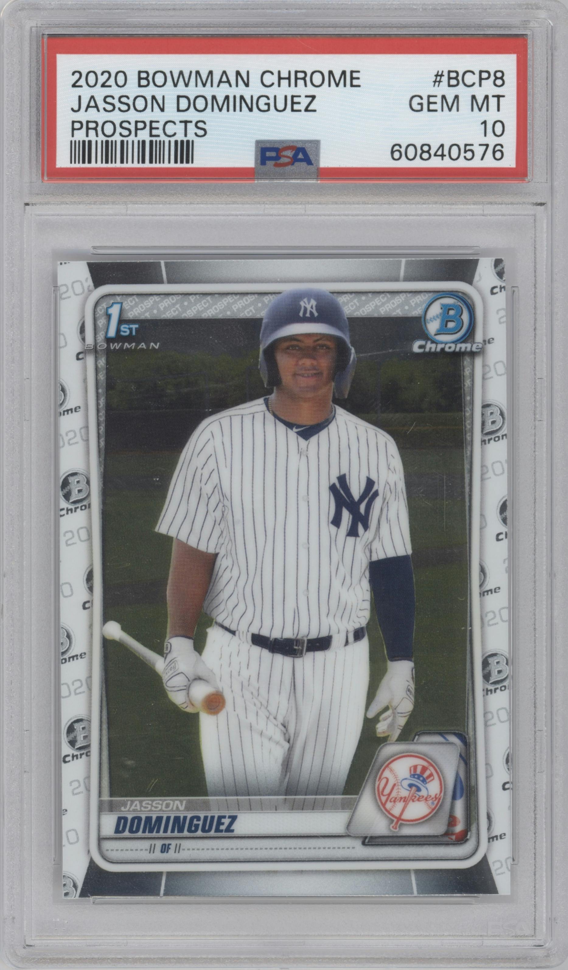 Jasson Dominguez from the 2020 Bowman set graded by PSA and given an overall grade of 10.