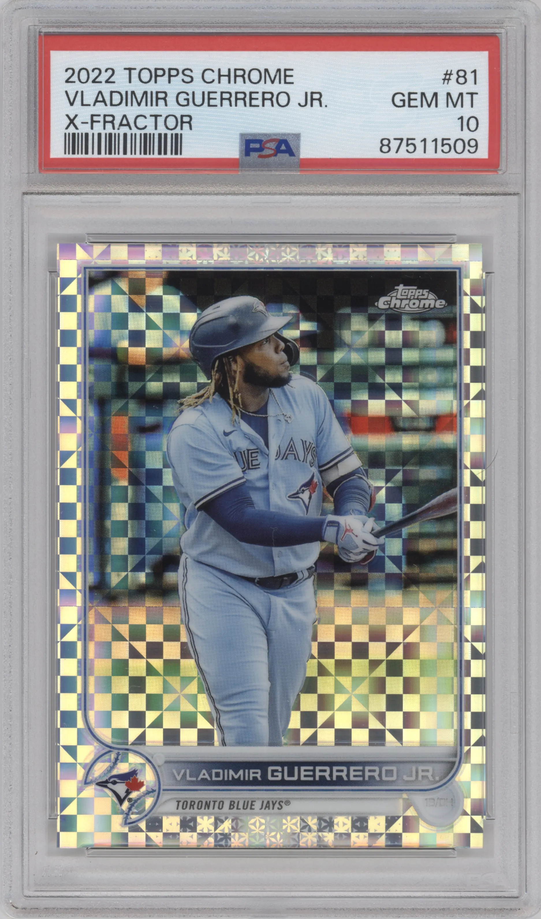 Vladimir Guerrero Jr. from the 2022 Topps Chrome set featuring a X-Fractor parallel graded by PSA and given an overall grade of 10.