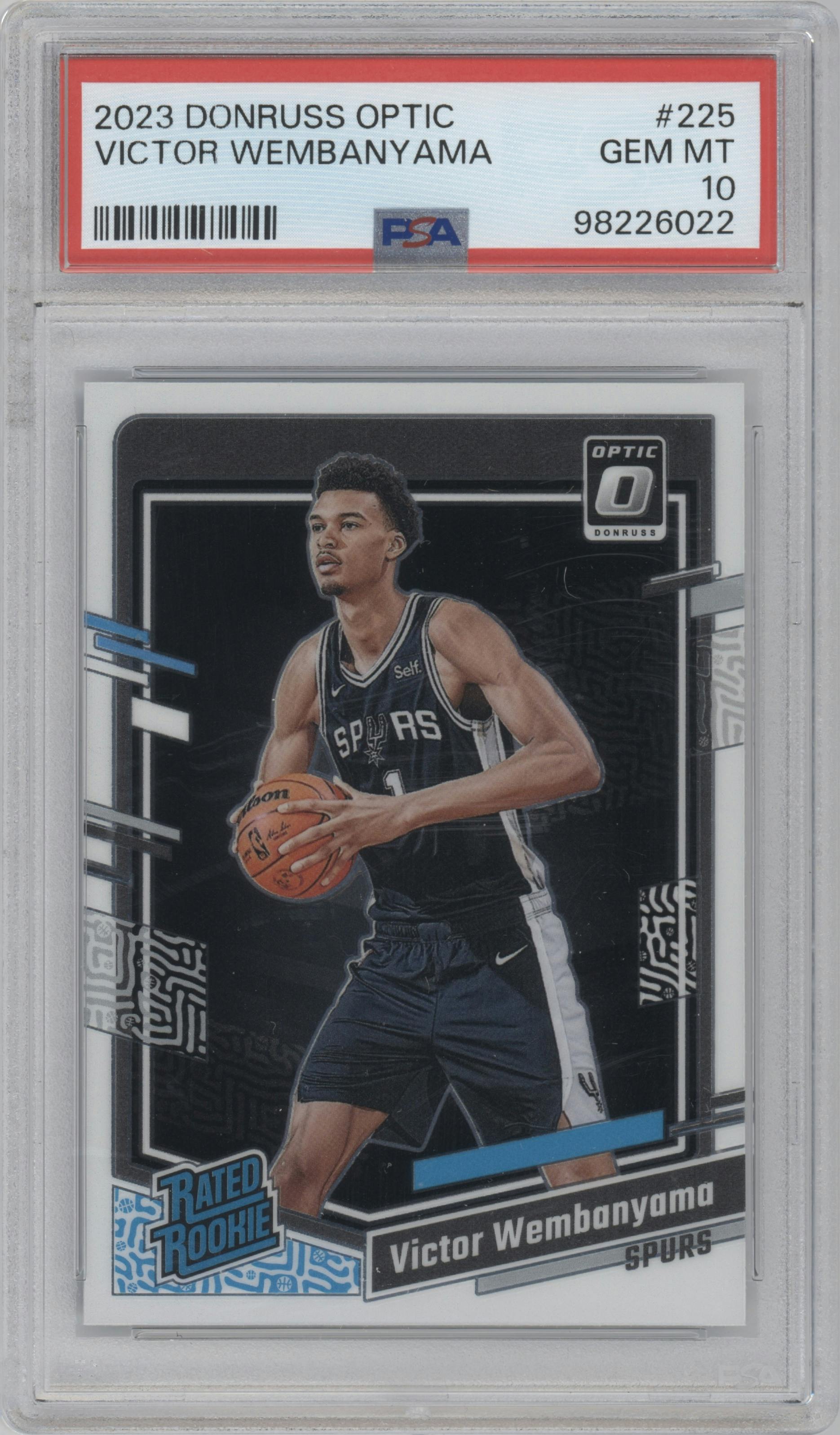 Victor Wembanyama from the 2023-24 Donruss Optic set graded by PSA and given an overall grade of 10.