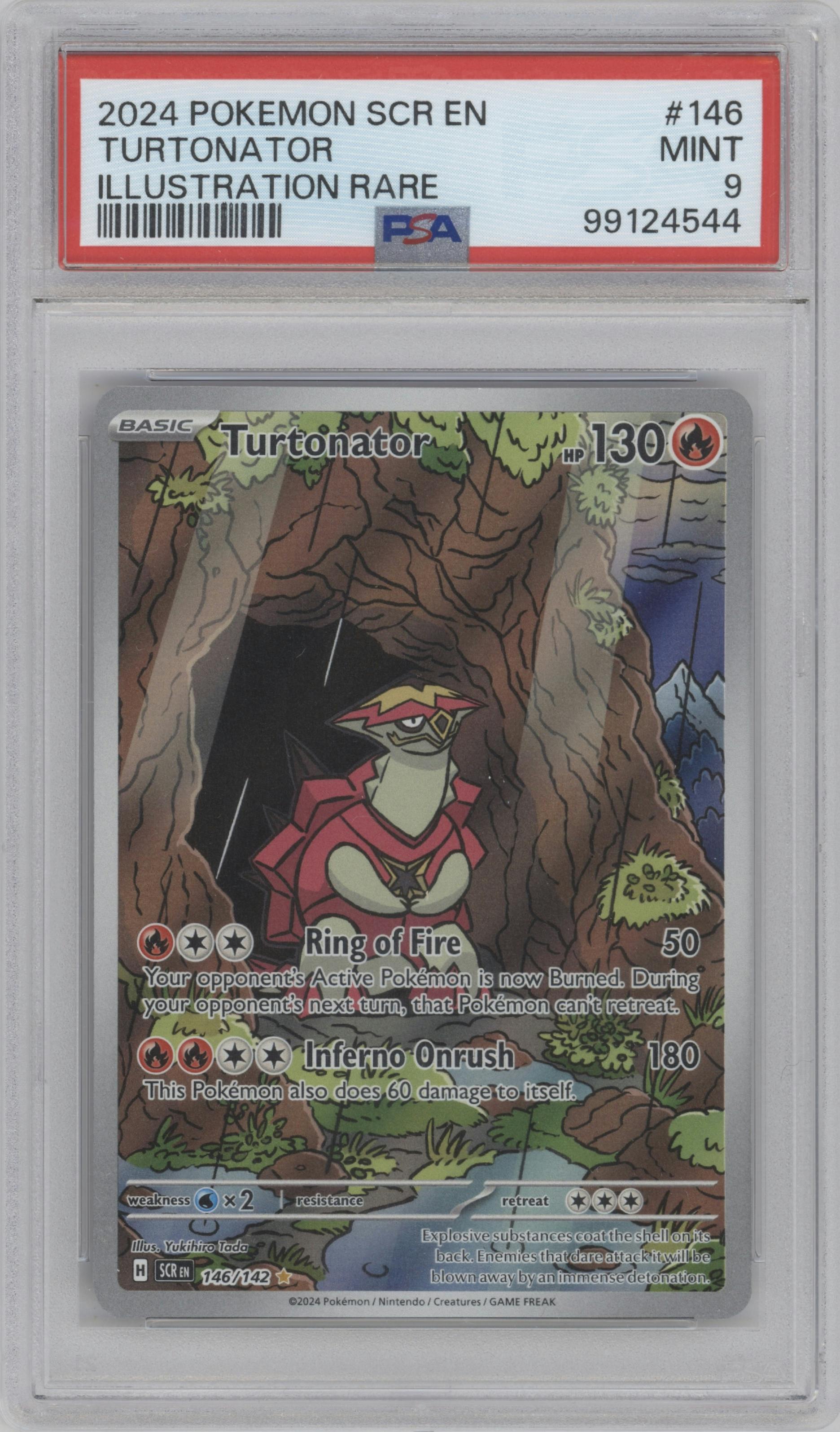 Turtonator from the 2024 Pokemon SV set graded by PSA and given an overall grade of 9.