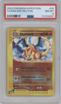 Charizard from the 2002 Pokemon E-CARD set graded by PSA and given an overall grade of 8.