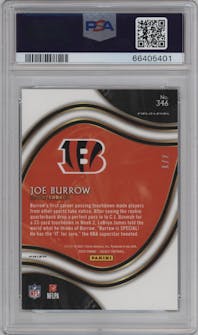 Joe Burrow from the 2020 Panini Select set featuring a Green/Black Snakeskin parallel graded by PSA and given an overall grade of 10.