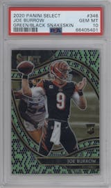 Joe Burrow from the 2020 Panini Select set featuring a Green/Black Snakeskin parallel graded by PSA and given an overall grade of 10.