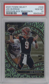 Joe Burrow from the 2020 Panini Select set featuring a Green/Black Snakeskin parallel graded by PSA and given an overall grade of 10.