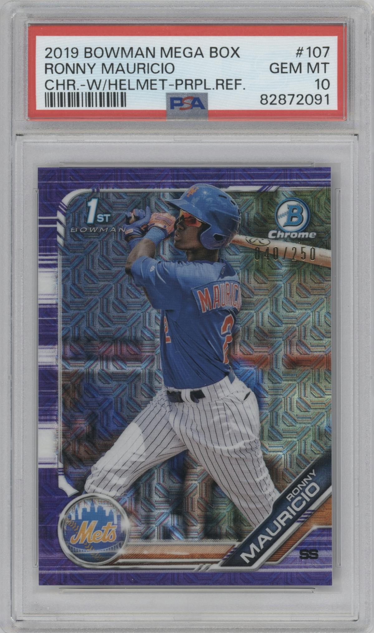 Ronny Mauricio from the 2019 Bowman Mega Box set featuring a Purple Refractor parallel graded by PSA and given an overall grade of 10.