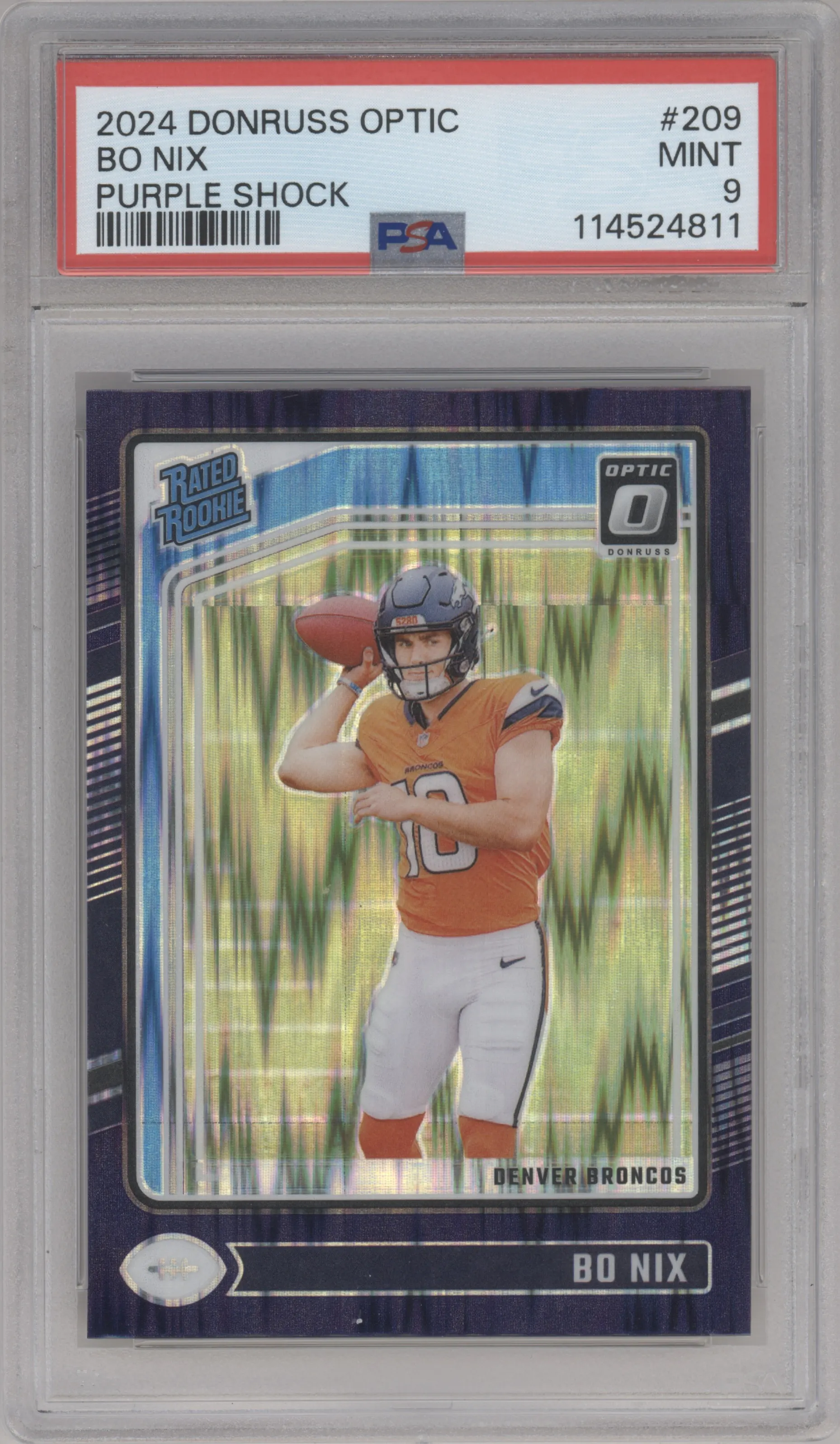 Bo Nix from the 2024 Donruss Optic set featuring a Purple Shock parallel graded by PSA and given an overall grade of 9.