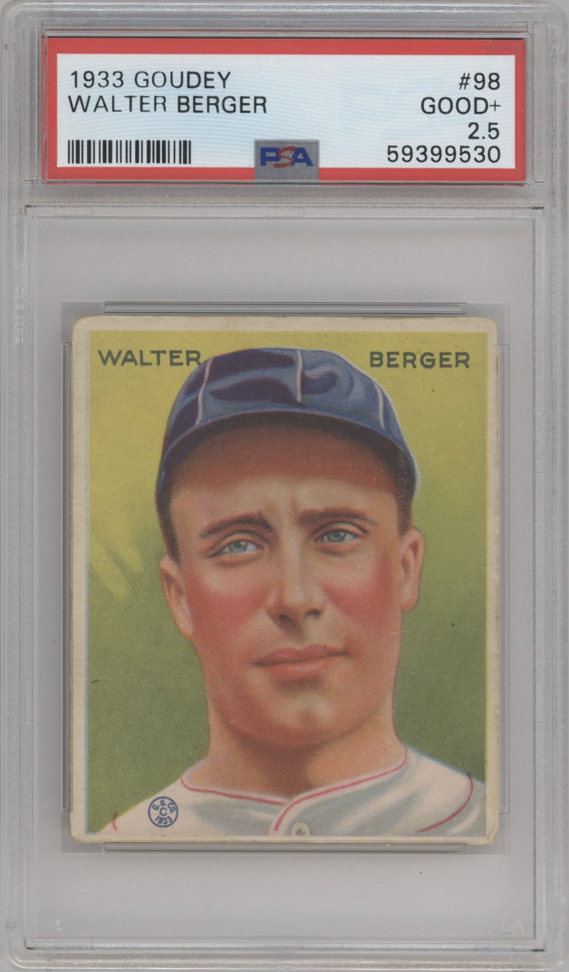 Walter Berger from the 1933 Goudey set graded by PSA and given an overall grade of 2.5.